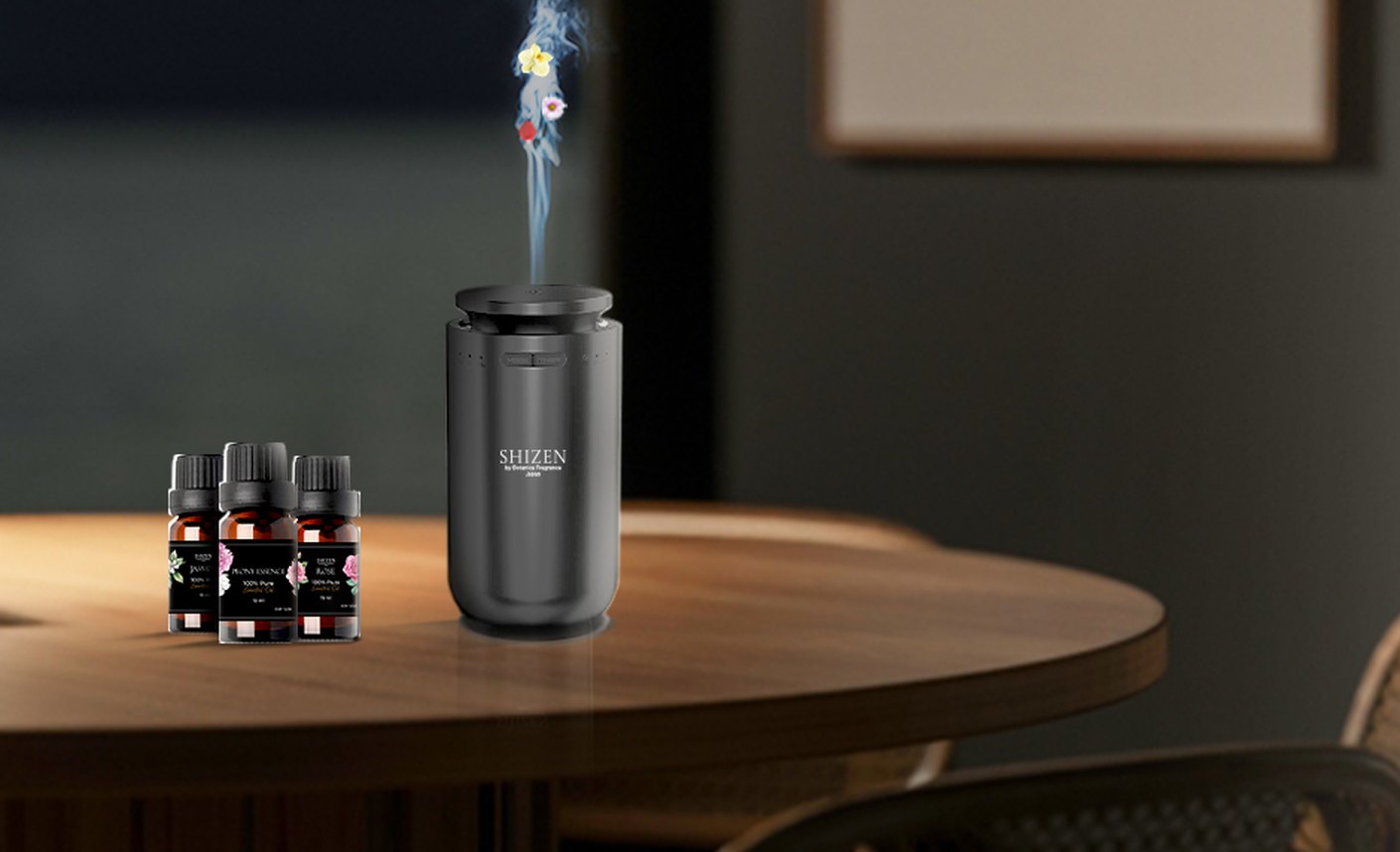 Diffuser portable Shizen SBP1 dengan tiga essential oil murni 15 ml di meja kayu walnut